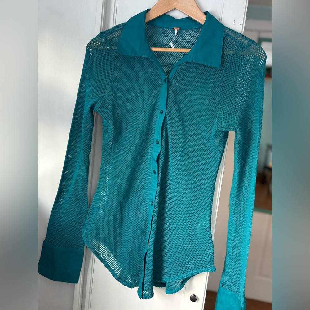 Free People Siggi Mesh Button-Up Shirt Crystal Teal Large - Picture 3 of 9